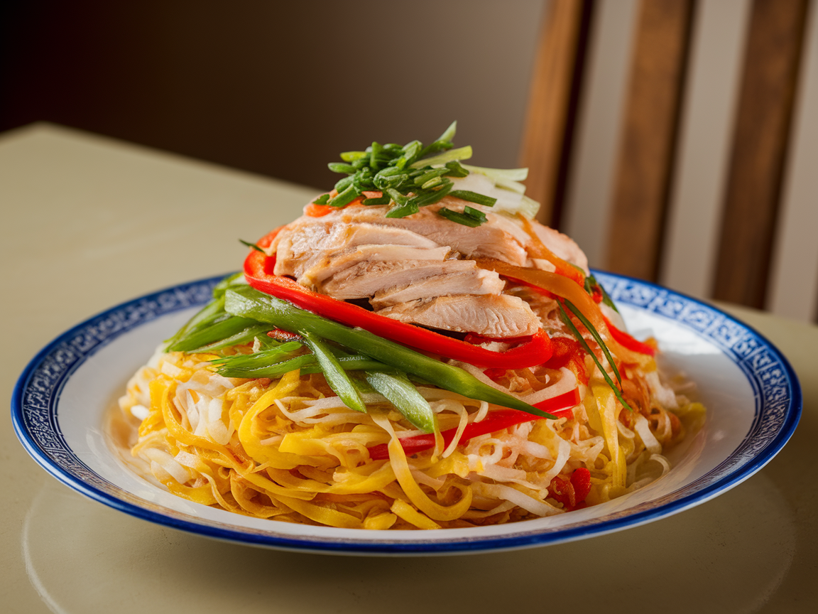 A plate of Pancit Canton with stir-fried noodles, topped with sliced chicken and colorful vegetables.