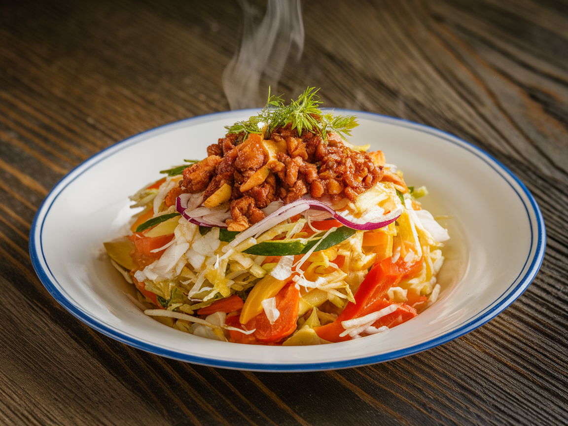 A plate of Pancit Habhab topped with meat and fresh vegetables.