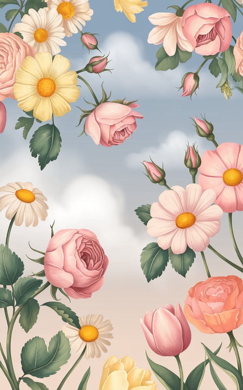 A vibrant collection of pastel floral patterns featuring various flowers in soft colors.