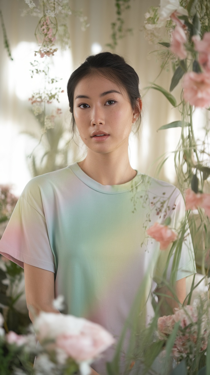 A woman wearing a pastel-colored T-shirt surrounded by flowers and greenery.