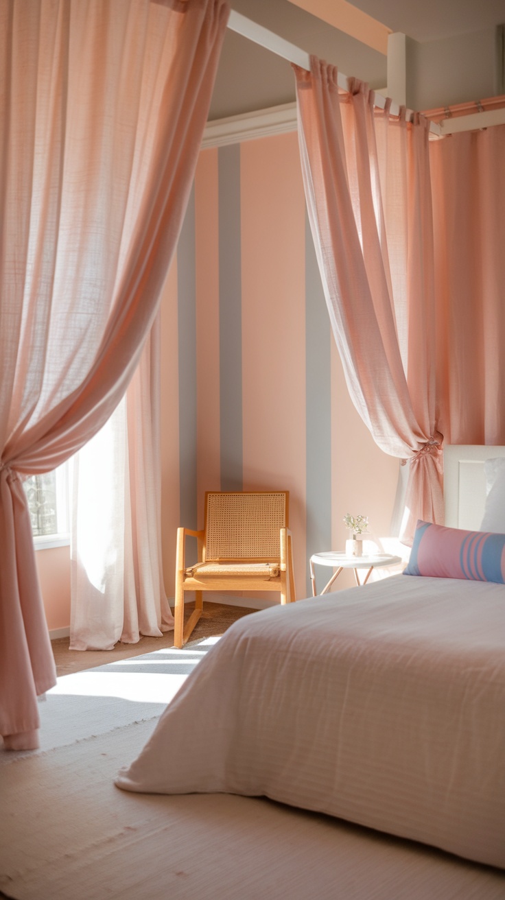 Cozy bedroom with pastel pink curtains and wooden chair.