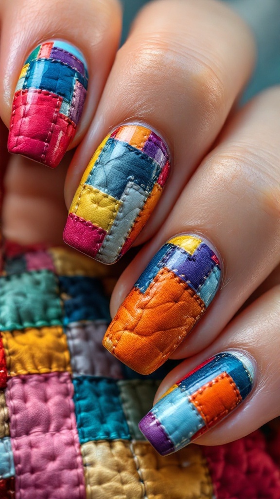 Colorful patchwork quilt-inspired nail art with vibrant colors and stitching details.