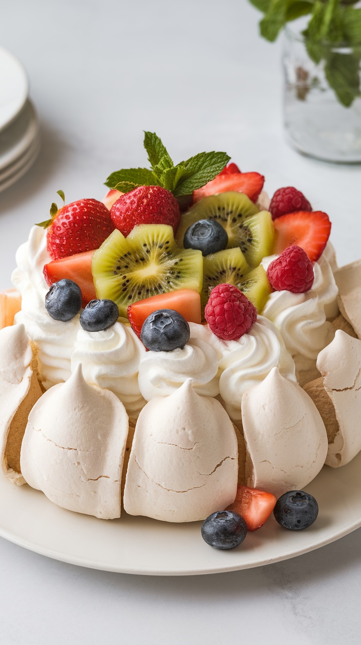 A beautiful pavlova nest topped with fresh fruits and whipped cream