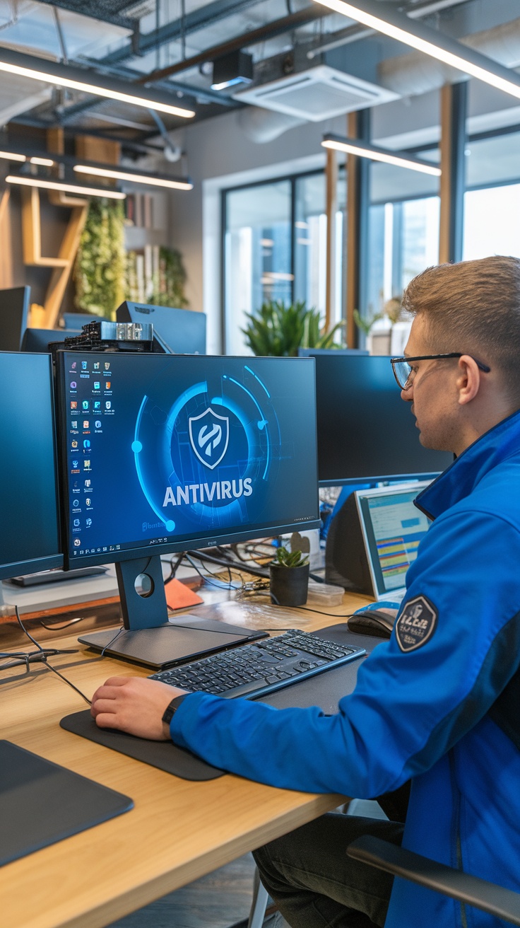 A technician removing viruses from a computer with antivirus software displayed on the screen.