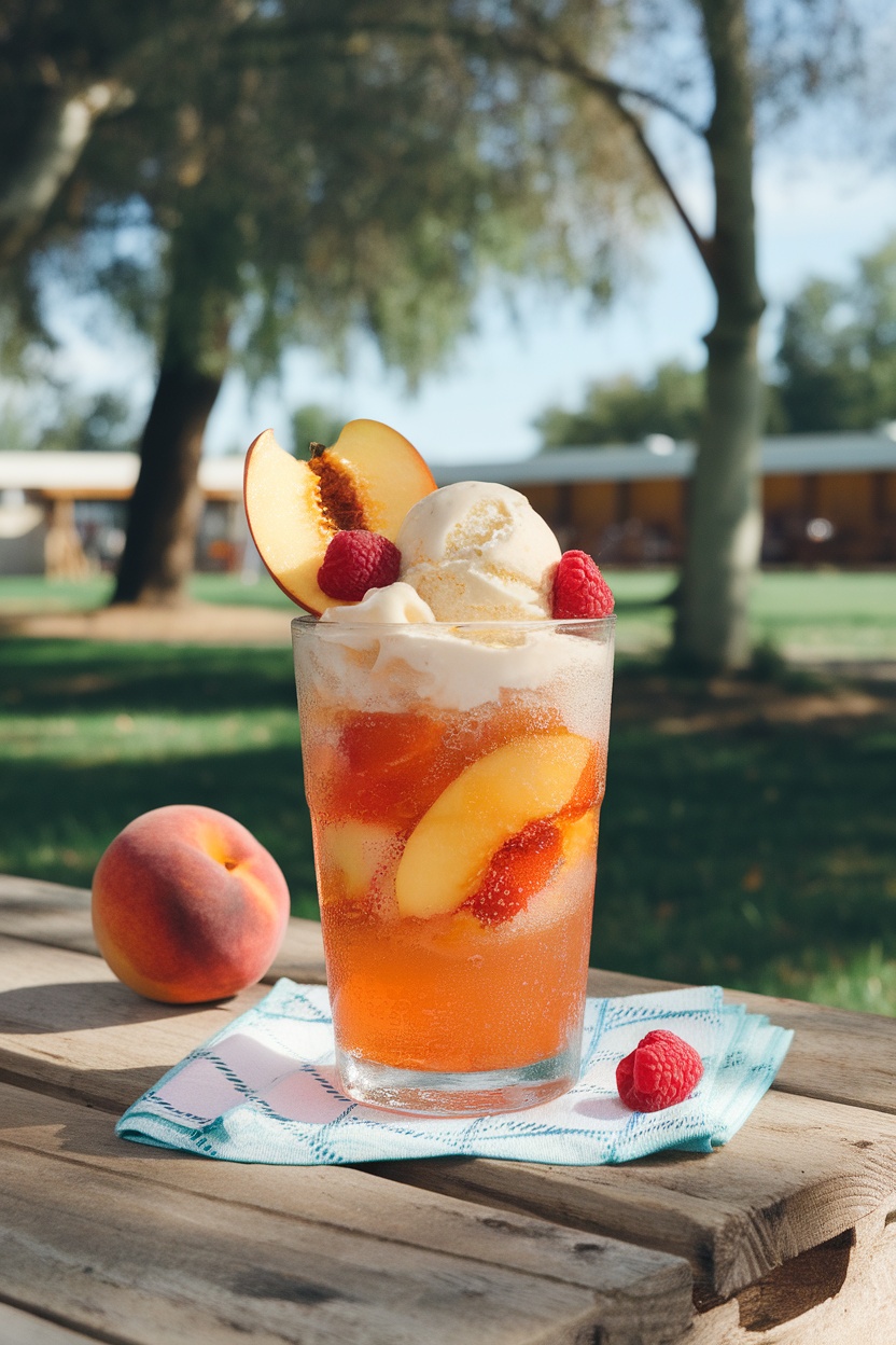 A Peach Melba Float in a glass with ice cream, peach slices, and raspberries