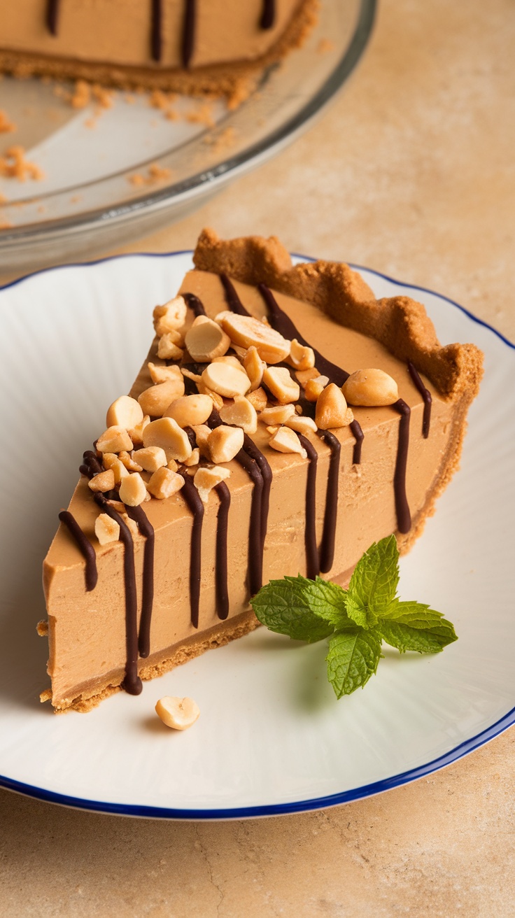 Slice of Peanut Butter Pie with Chocolate Drizzle topped with chopped peanuts