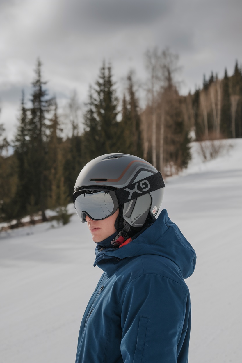 A skier wearing a modern helmet and goggles on the slopes