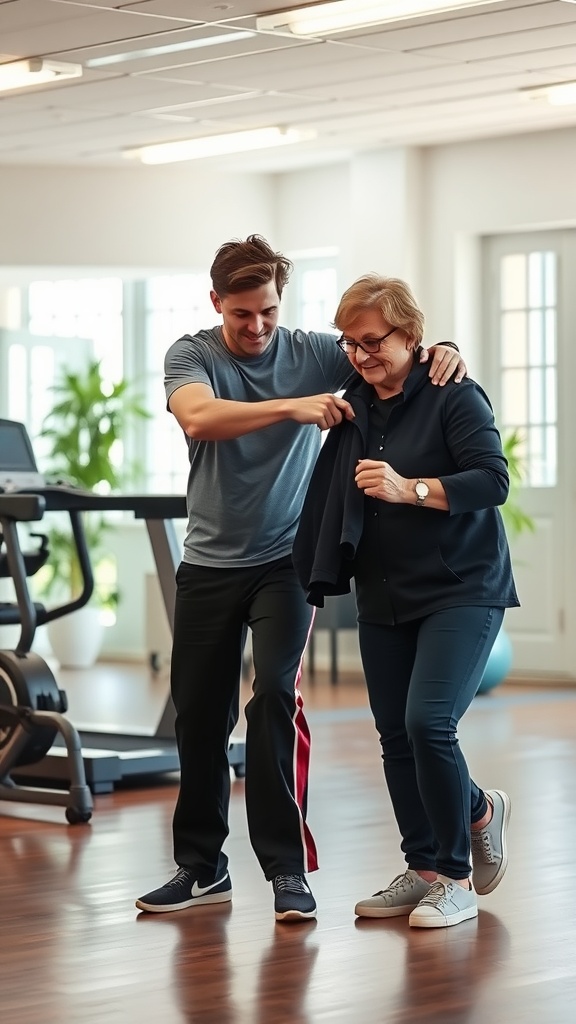 A personal trainer assisting a senior client in a gym, highlighting the supportive dynamics of personal training.