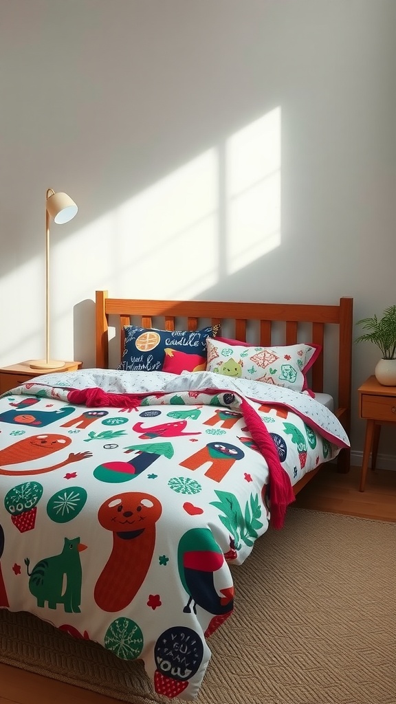 A colorful and playful bedding set featuring fun characters and patterns.