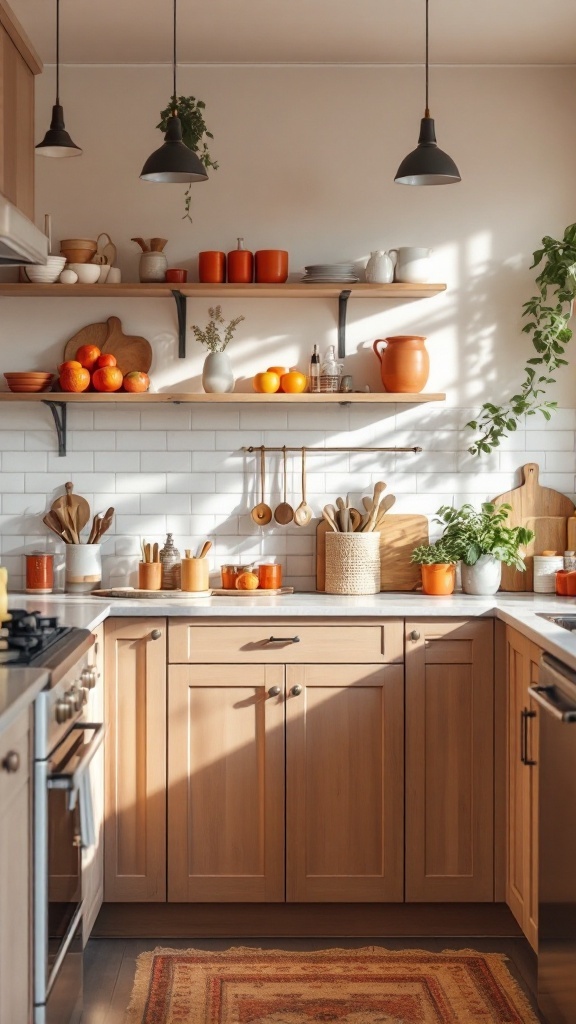 A cozy kitchen featuring personalized color accents with orange decor and natural wood elements.