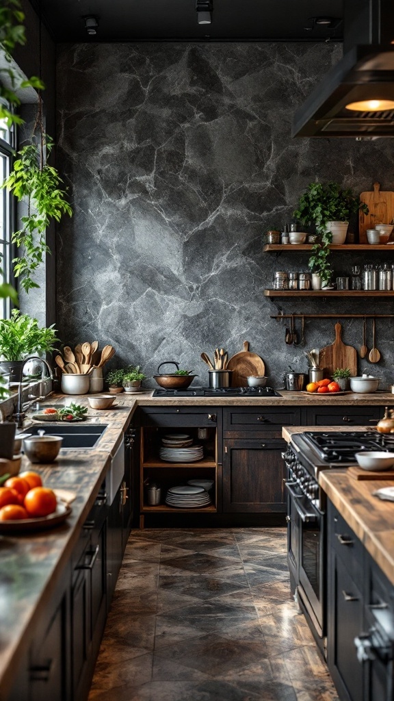 A stylish kitchen with a gray stone wall, open shelving, and plenty of plants.