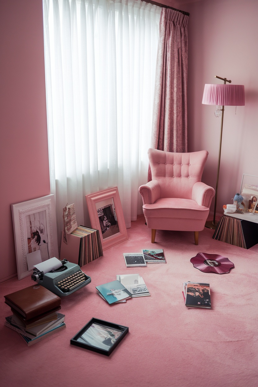 A cozy pink room featuring a plush pink chair, a vintage typewriter, and scattered photo books and magazines.