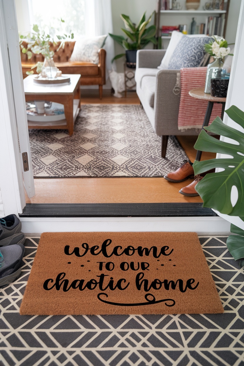 A personalized doormat that says 'welcome to our chaotic home' placed at the entrance of a cozy living room.