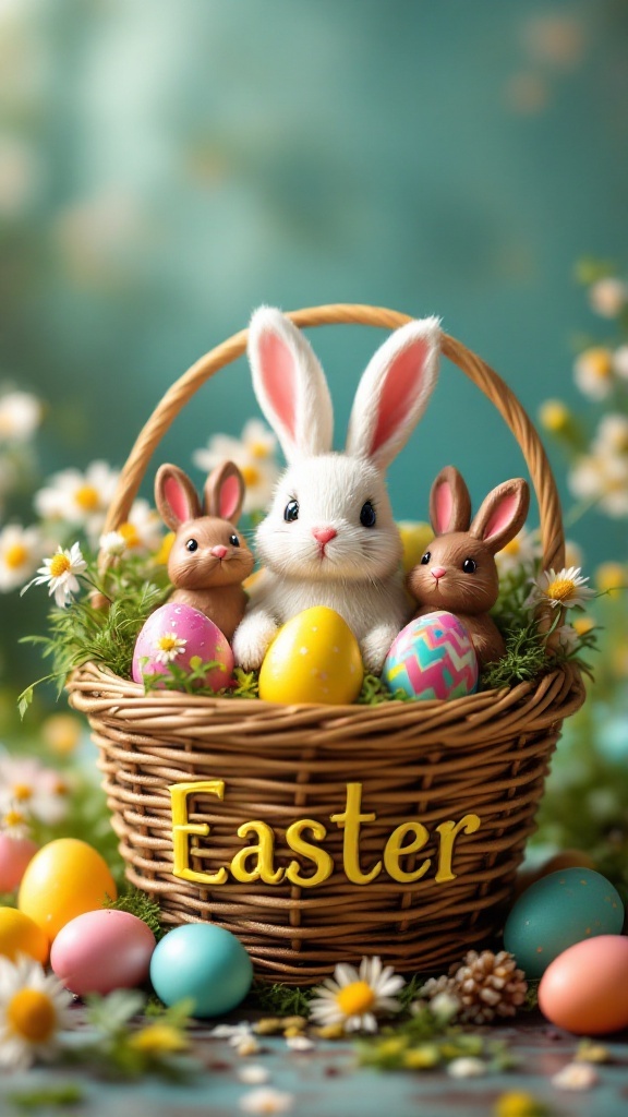 A colorful Easter basket filled with bunny figurines and decorated eggs, showcasing the word 'Easter' on the side.