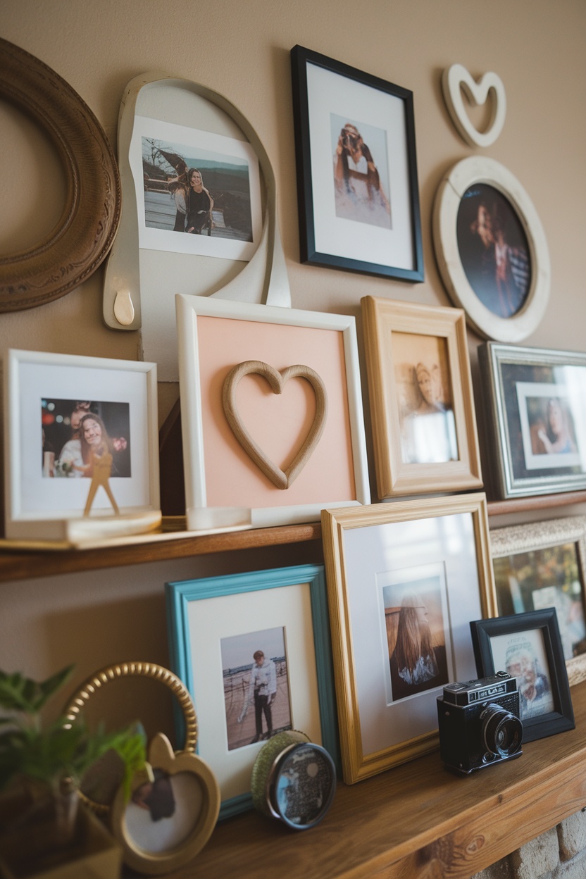 A cozy gallery display with various photo frames and a vintage camera.