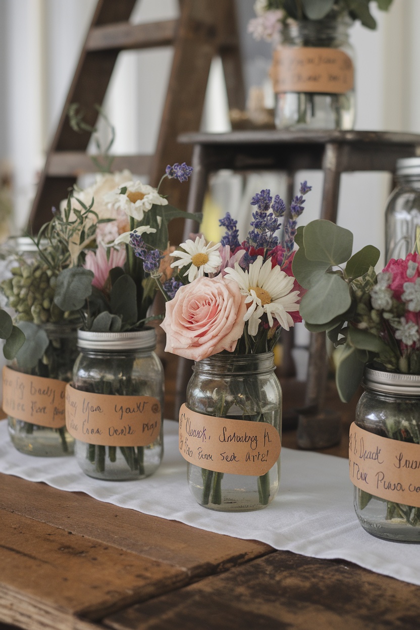 Personalized mason jar vases with flowers and handwritten labels