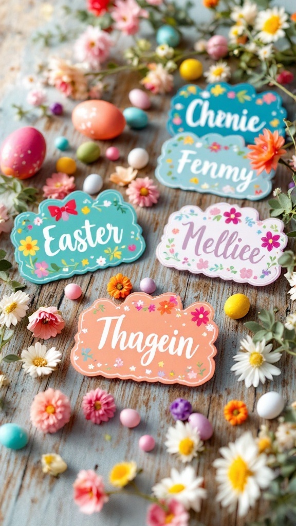 A cute Easter scene with a bunny, flowers, and a sign that says 'Easter'