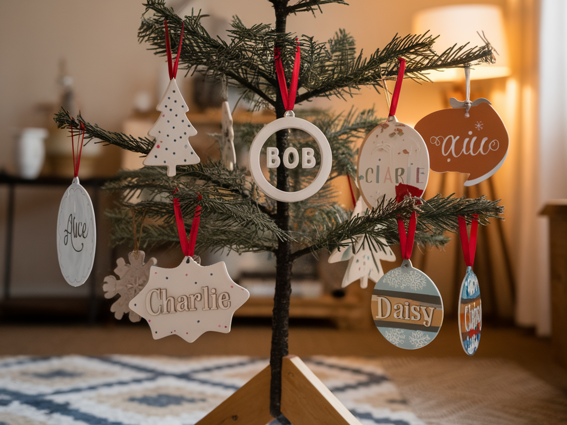 Personalized ornaments hanging on a small Christmas tree.