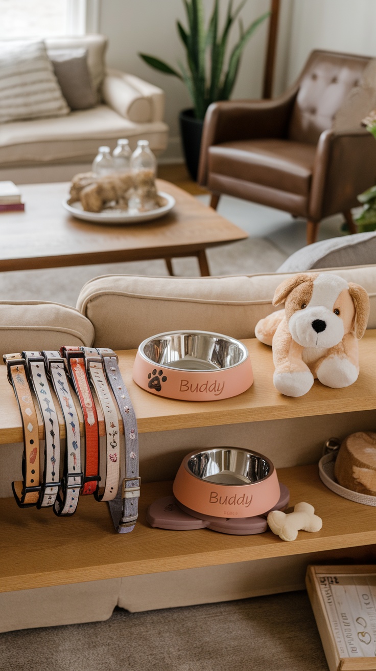 Cozy pet products display with personalized items like a food bowl, collars, and a plush toy.