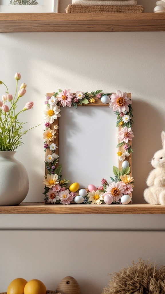 A floral decorated photo frame with pastel Easter eggs, set on a shelf with a vase of flowers.