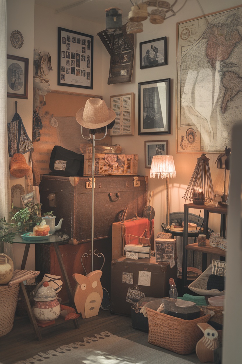 A cozy corner filled with vintage suitcases, framed photos, a stylish lamp, and personal memorabilia.