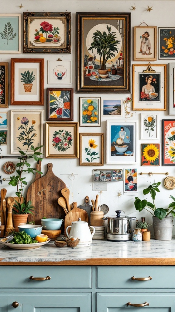 Gallery wall in a kitchen displaying various framed artworks, plants, and decorative items.