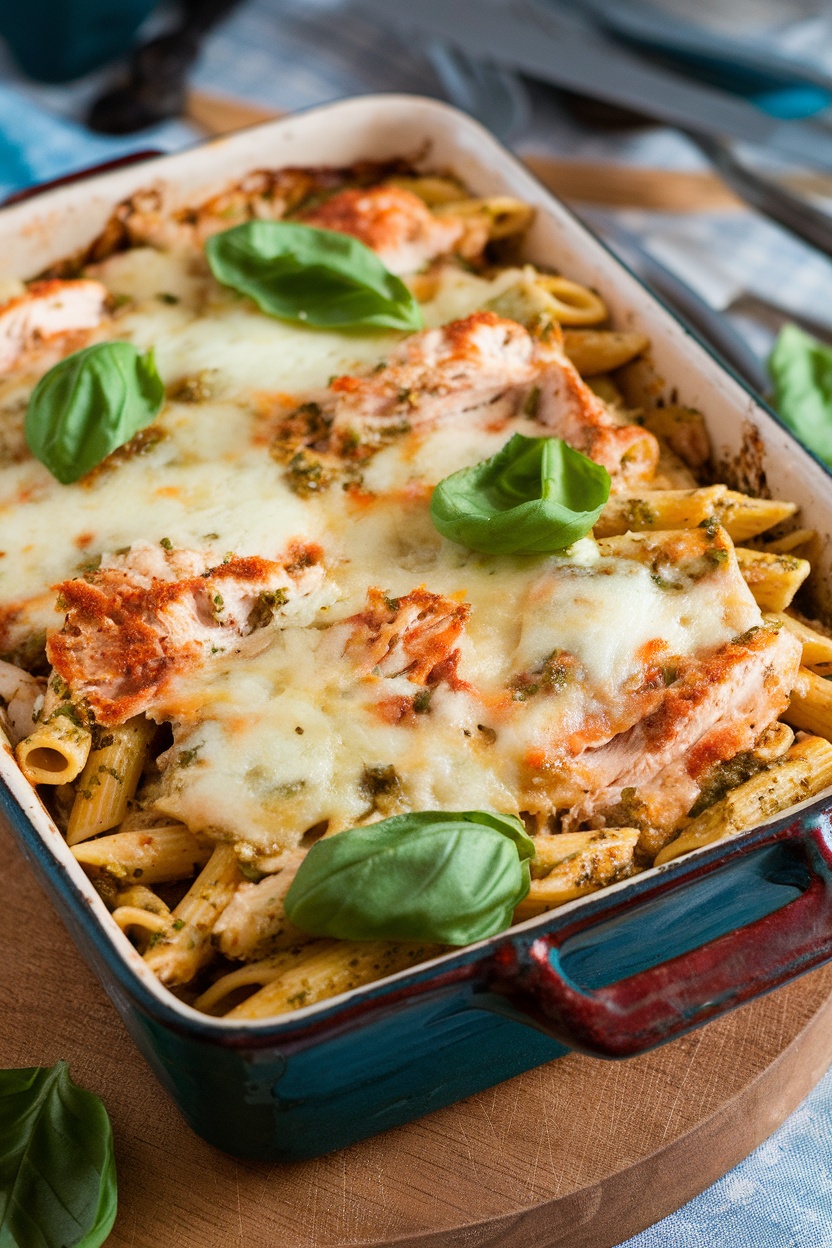 A baked dish of chicken and penne pasta topped with cheese and basil leaves.