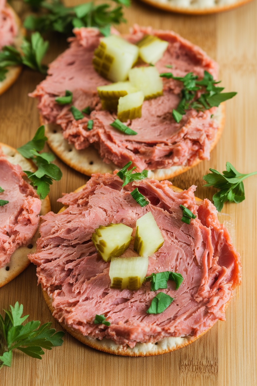 A close-up of Pickle-Brined Deviled Ham Spread on crackers topped with pickles and parsley.