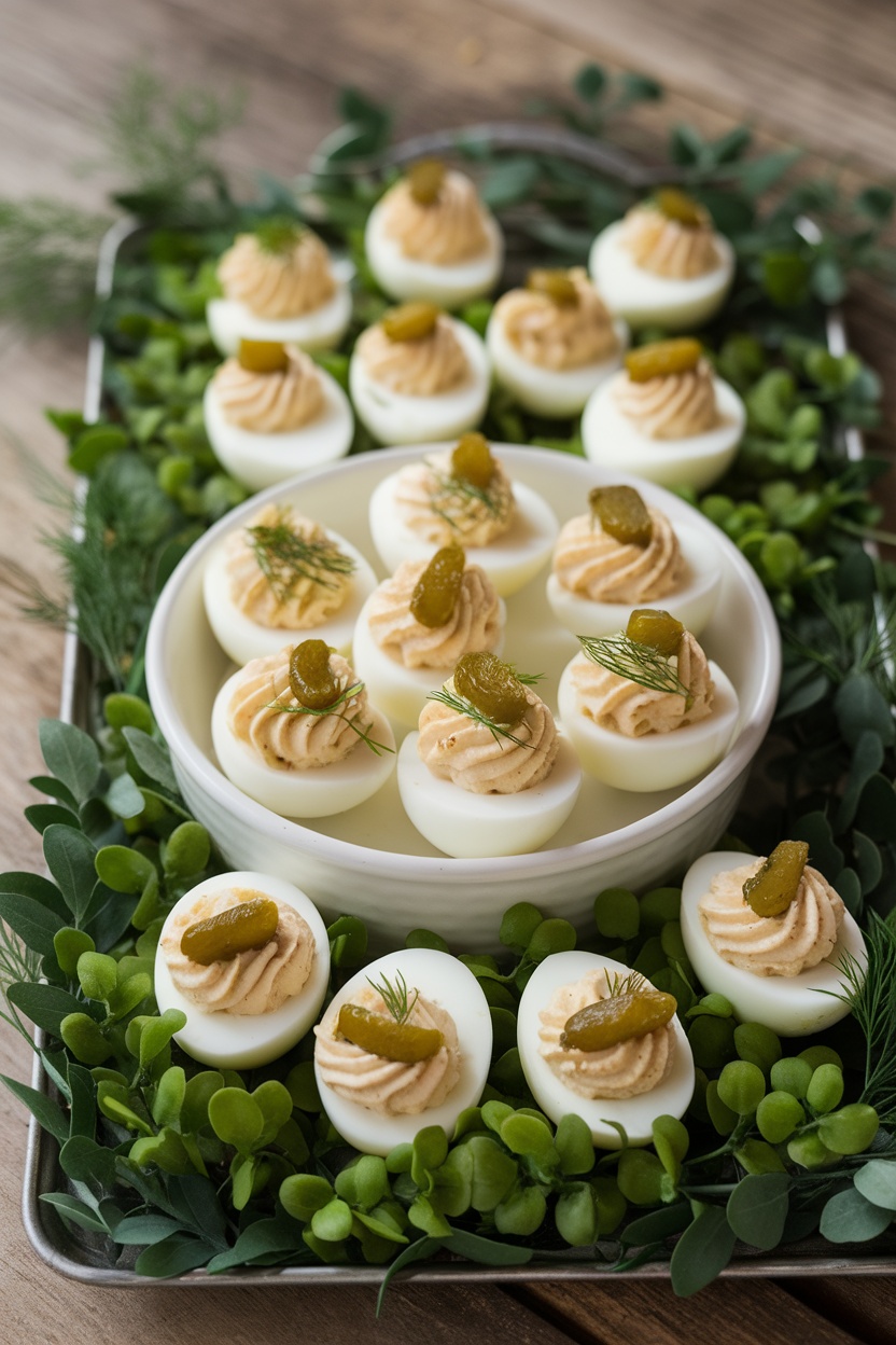 A platter of pickle-infused deviled eggs topped with dill and pickles.