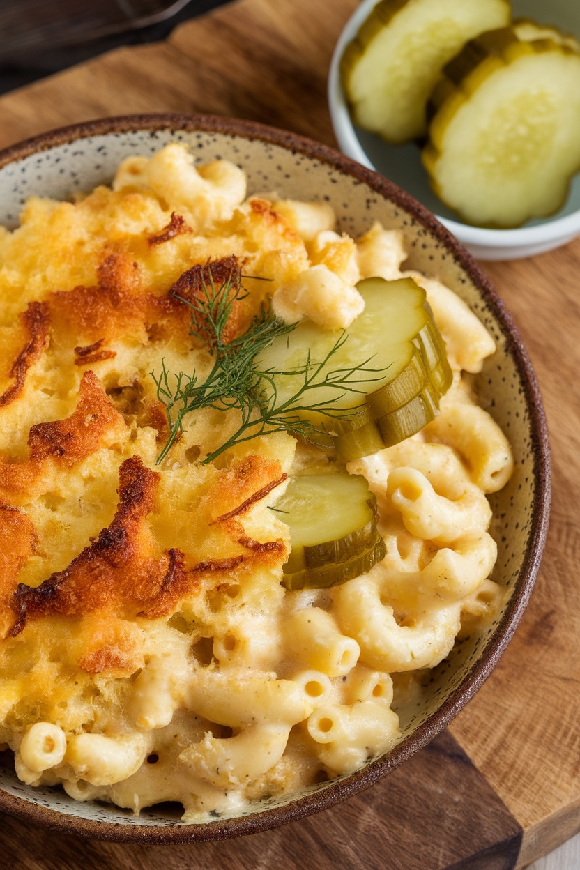 A bowl of creamy mac and cheese topped with crispy breadcrumbs and garnished with dill pickles.