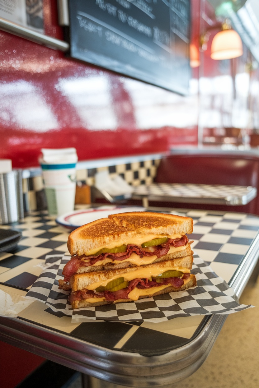 A delicious pickle and bacon grilled cheese sandwich.