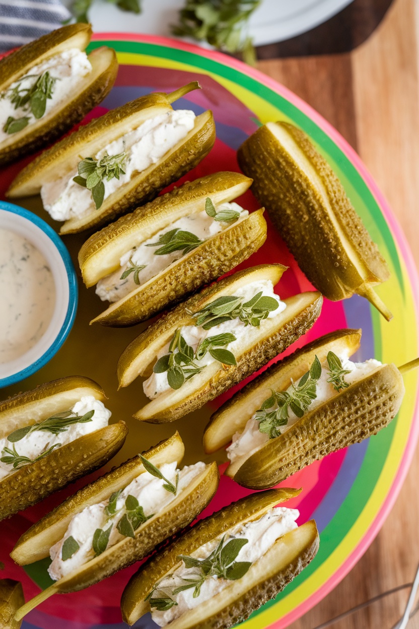 Plate of pickle poppers filled with cream cheese and garnished with herbs