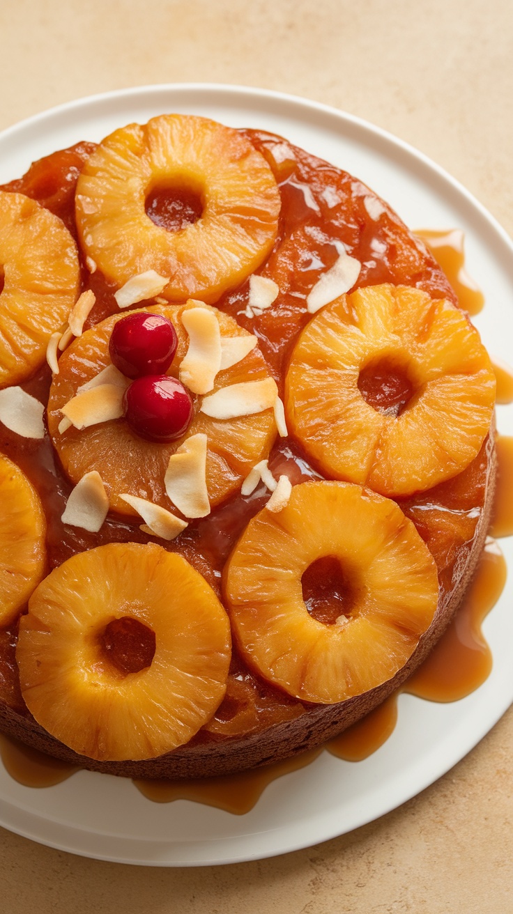 A delicious Pineapple Upside-Down Cake topped with pineapple rings, cherries, and coconut flakes on a white plate.