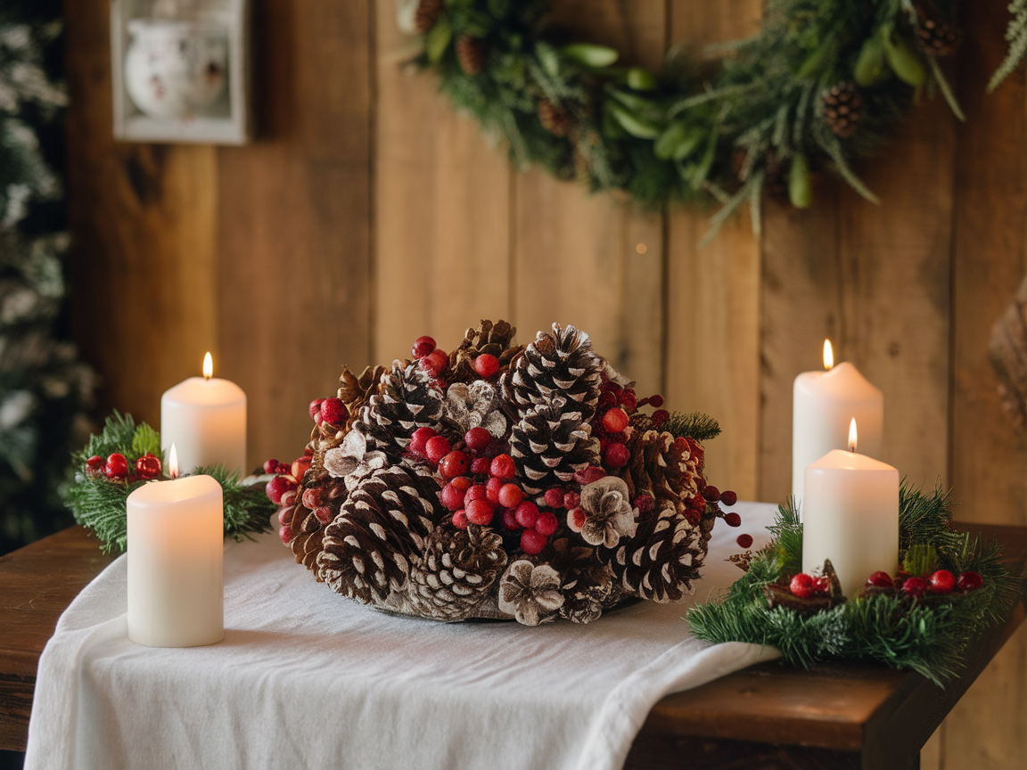 A cozy centerpiece featuring pinecones, red berries, and candles on a wooden table.