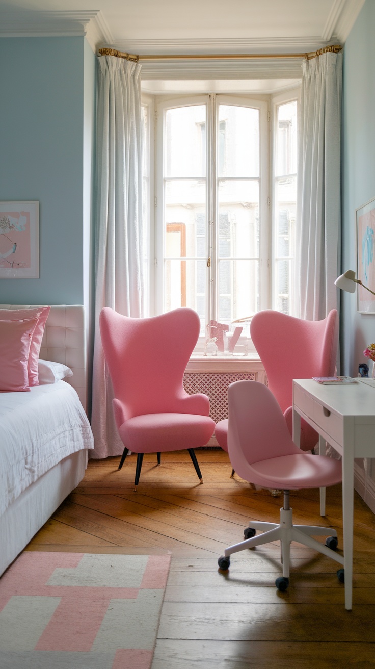 A cozy bedroom featuring two pink accent chairs by a window, a white bed, and a desk.