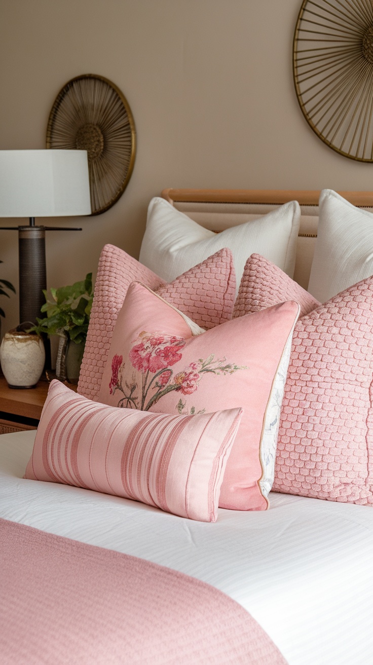 Cozy bedroom with various pink accent pillows on the bed