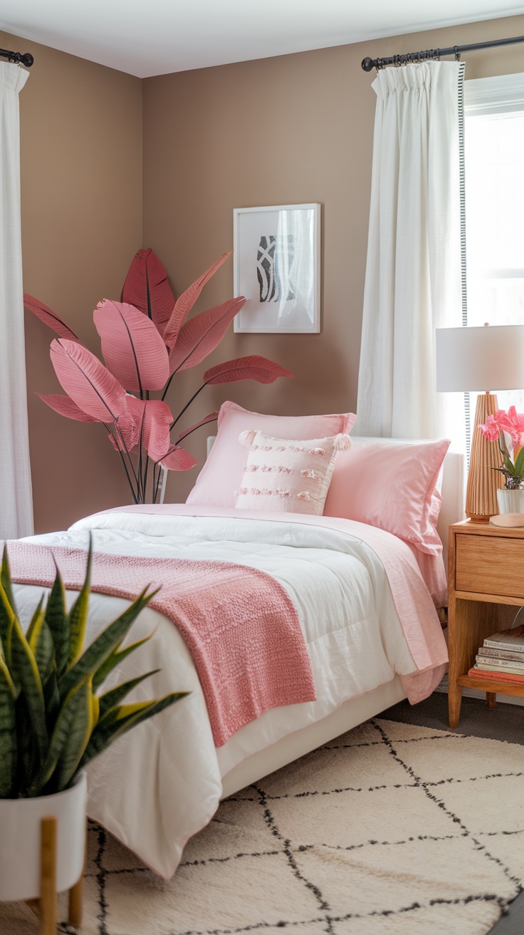 Cozy bedroom featuring pink accent plants, soft pink bedding, and neutral decor.