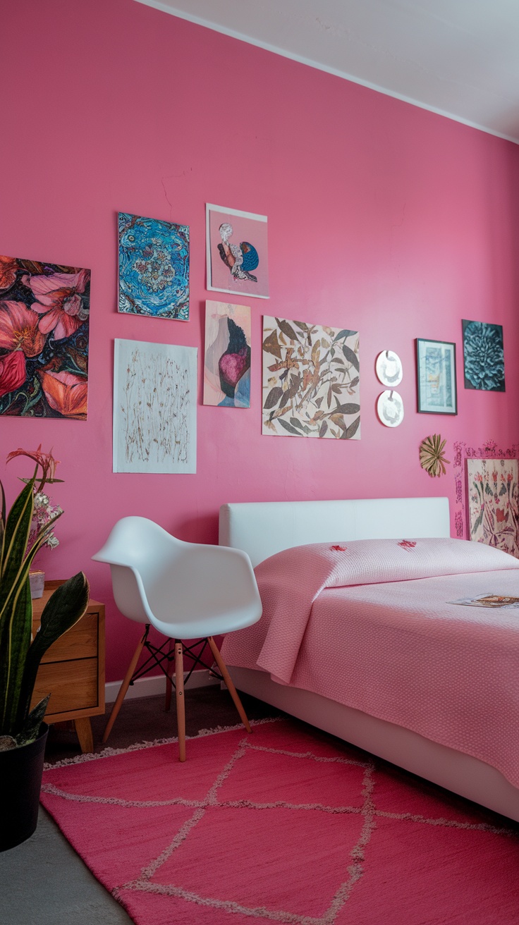 A cozy bedroom featuring a pink accent wall adorned with various art pieces. The room includes a white bed, a stylish chair, and a colorful rug.