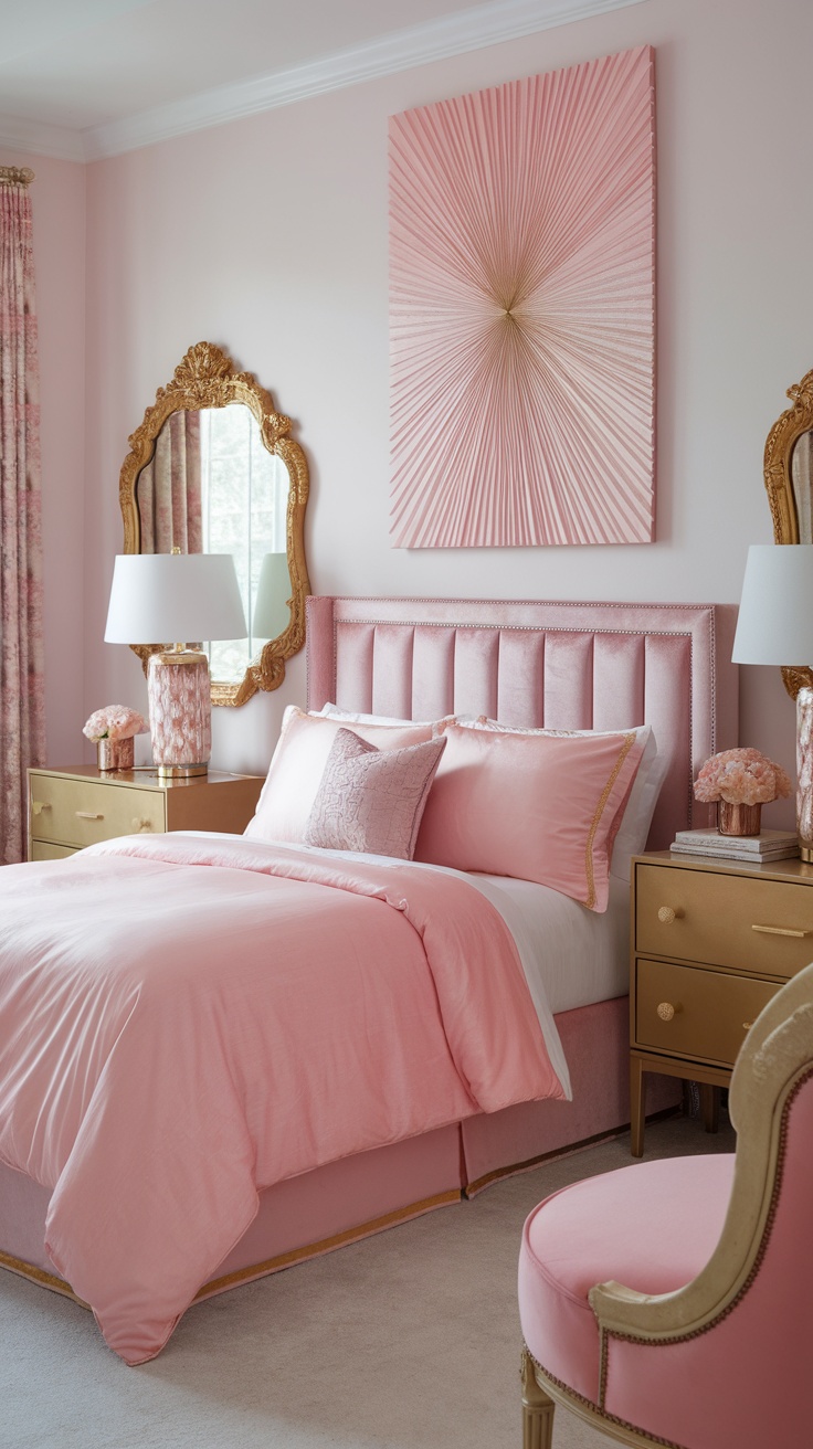 Cozy pink bedroom with gold decor accents, featuring a plush bed, gold-framed mirrors, and pink artwork.