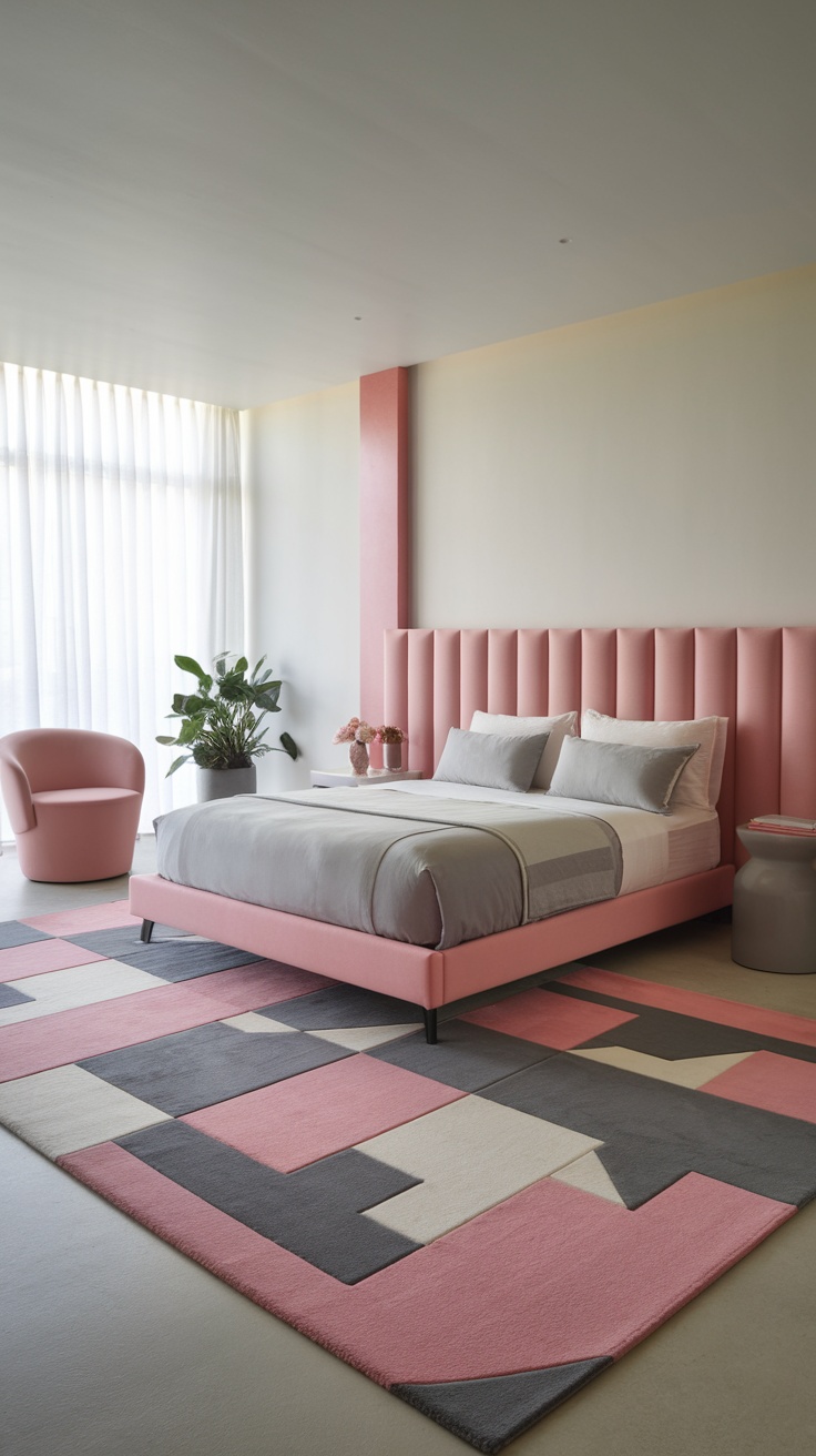 A cozy bedroom featuring a pink and grey color scheme, with a grey wall and a pink accent wall, soft pink bedding, and matching decor.