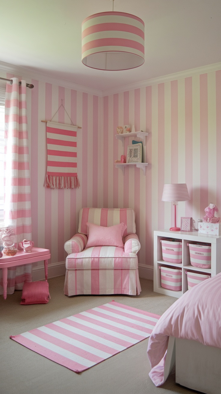 Cozy bedroom featuring pink and white striped walls, curtains, and furniture.