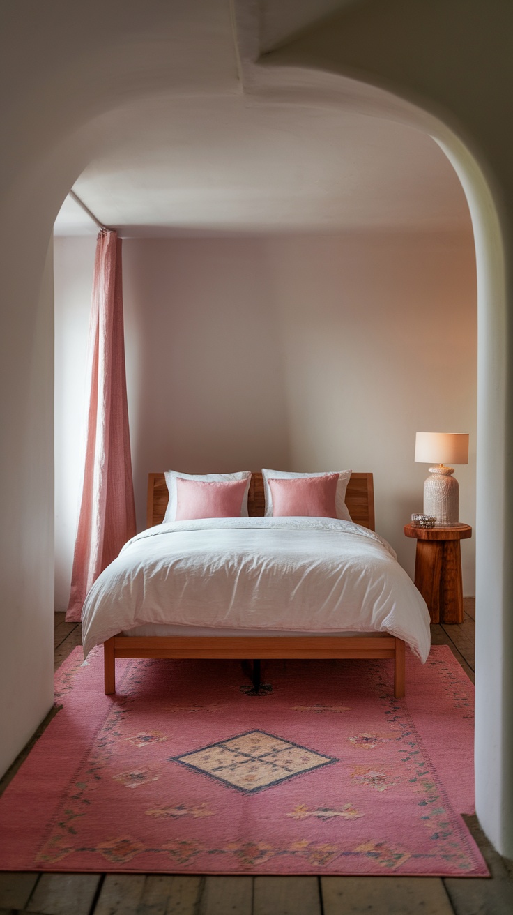 A cozy bedroom featuring a pink area rug under a wooden bed with white bedding and pink accent pillows.