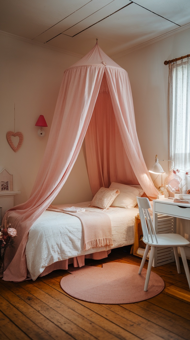 Cozy pink bed with a canopy in a warm bedroom setting