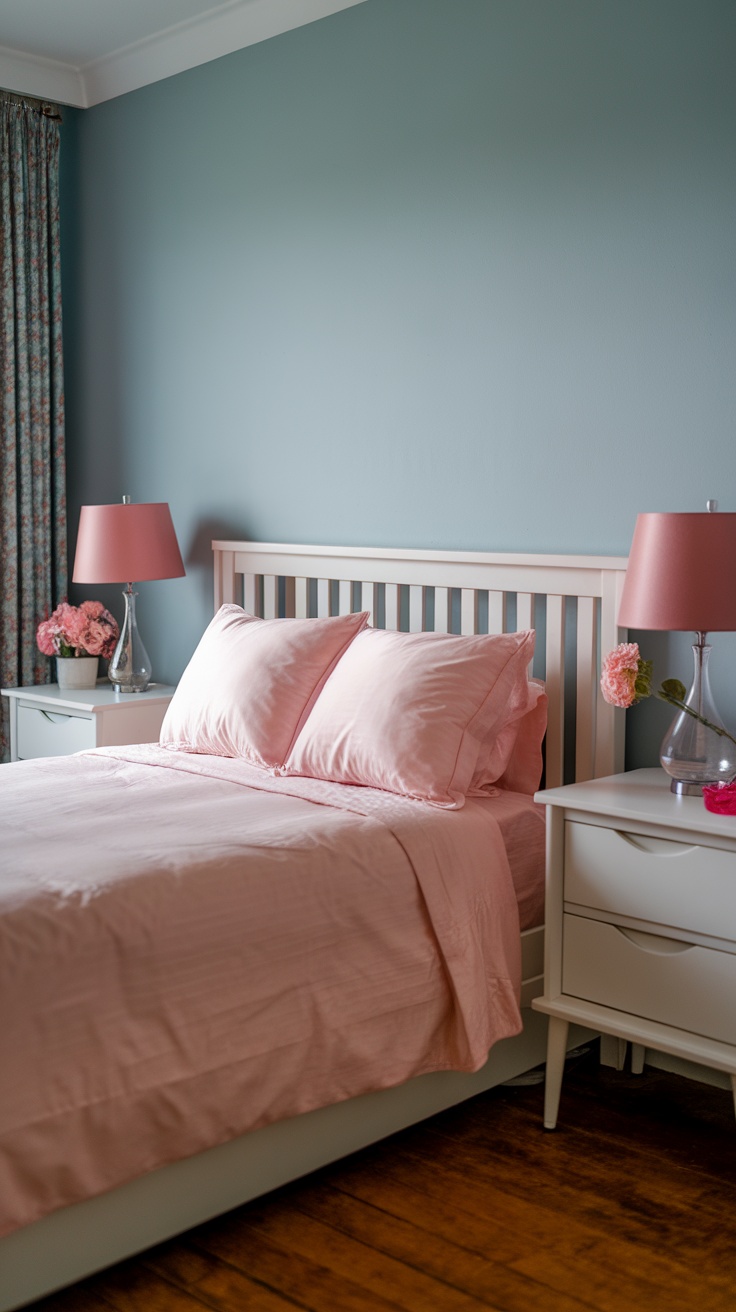 Cozy pink bedroom with bedside lamps and floral arrangements.