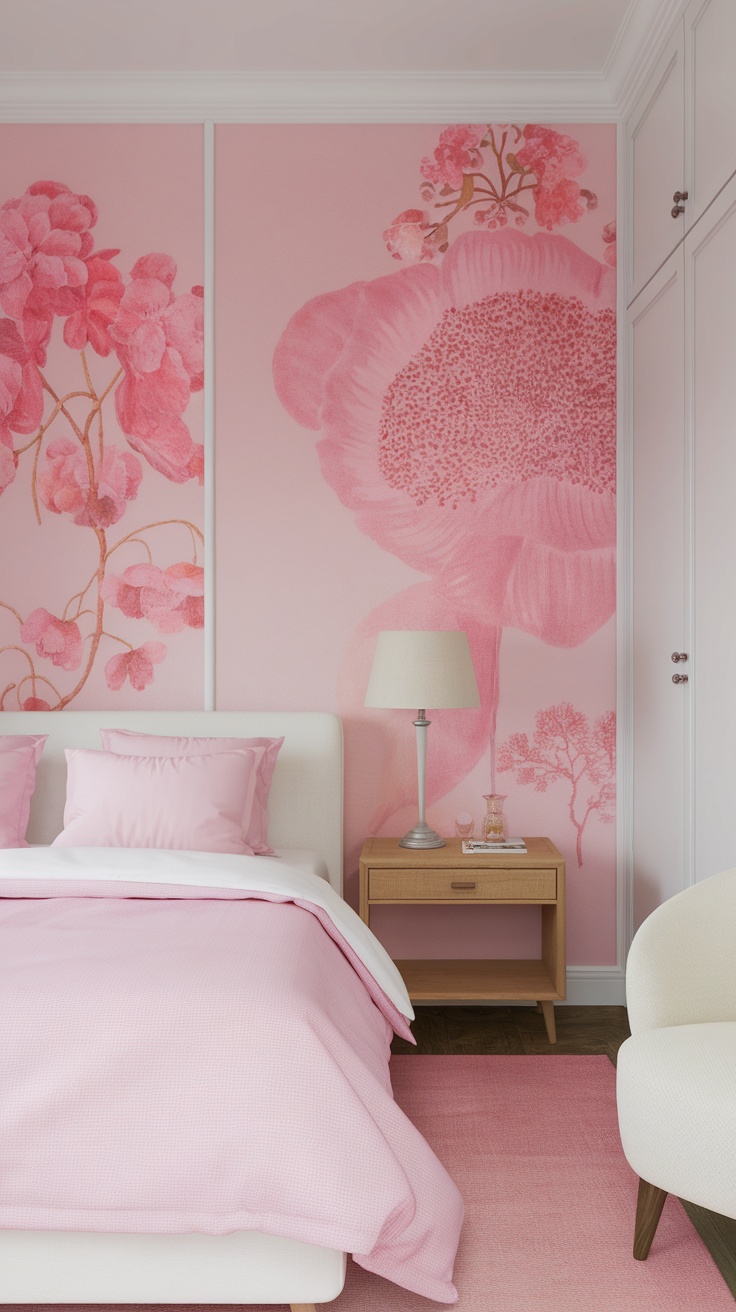 A cozy bedroom featuring pink botanical prints on the walls, soft bedding, and a stylish nightstand.