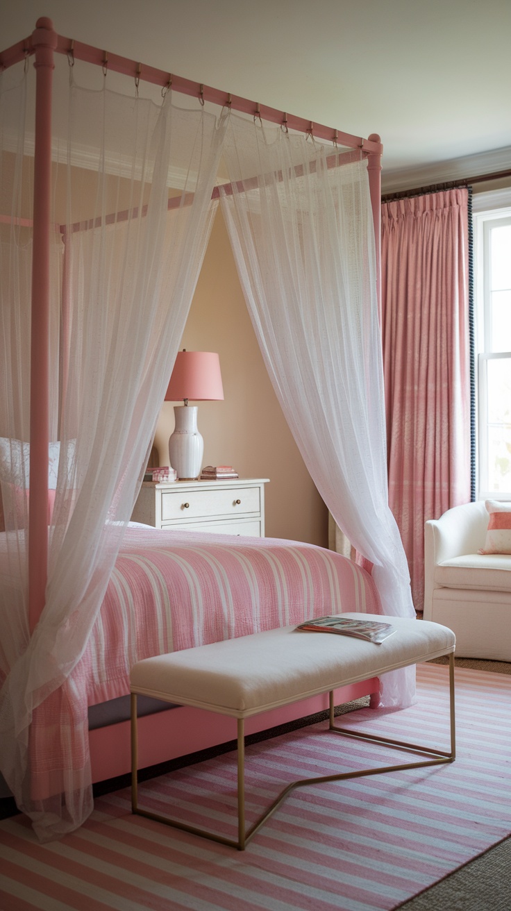 A pink canopy bed with sheer curtains, striped bedding, and a cozy atmosphere.