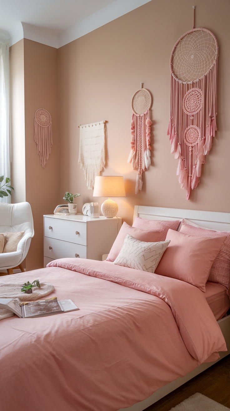 Cozy pink bedroom featuring dreamcatchers on the wall.