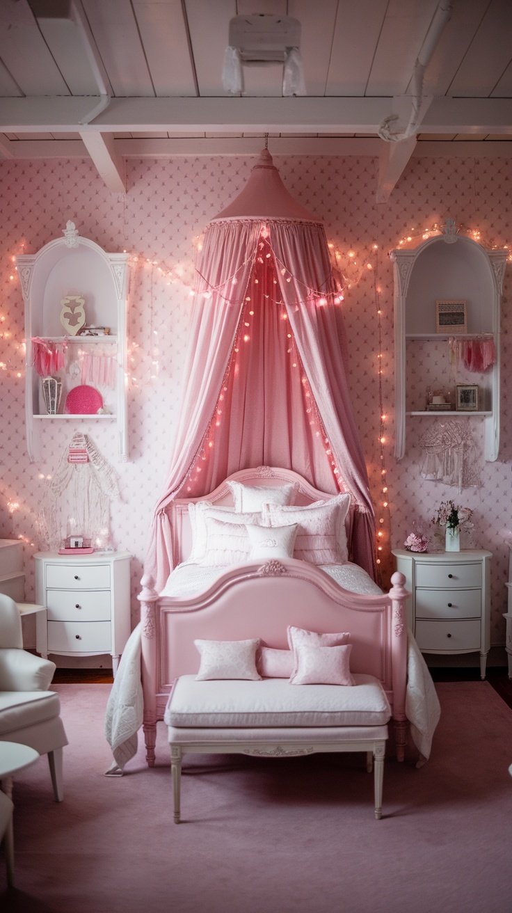 A cozy pink bedroom featuring a bed with a canopy and pink fairy lights adorning the walls.