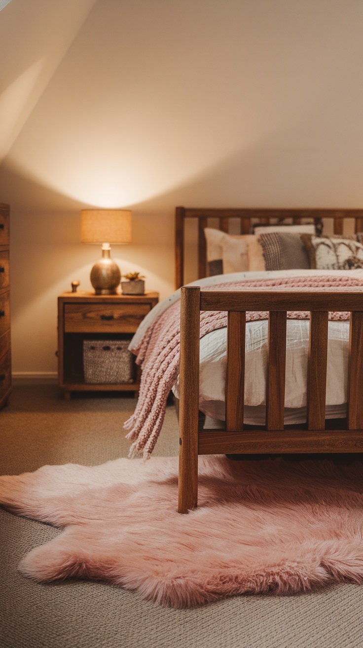 A cozy pink-themed bedroom featuring a soft pink faux fur rug, wooden bed frame, and warm lighting