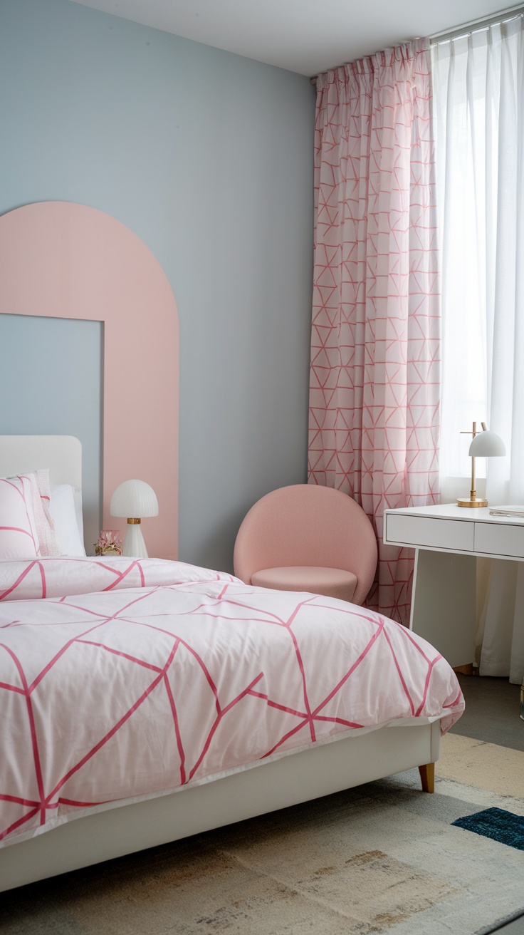 Cozy bedroom featuring pink geometric patterns with a bed, round chair, and desk